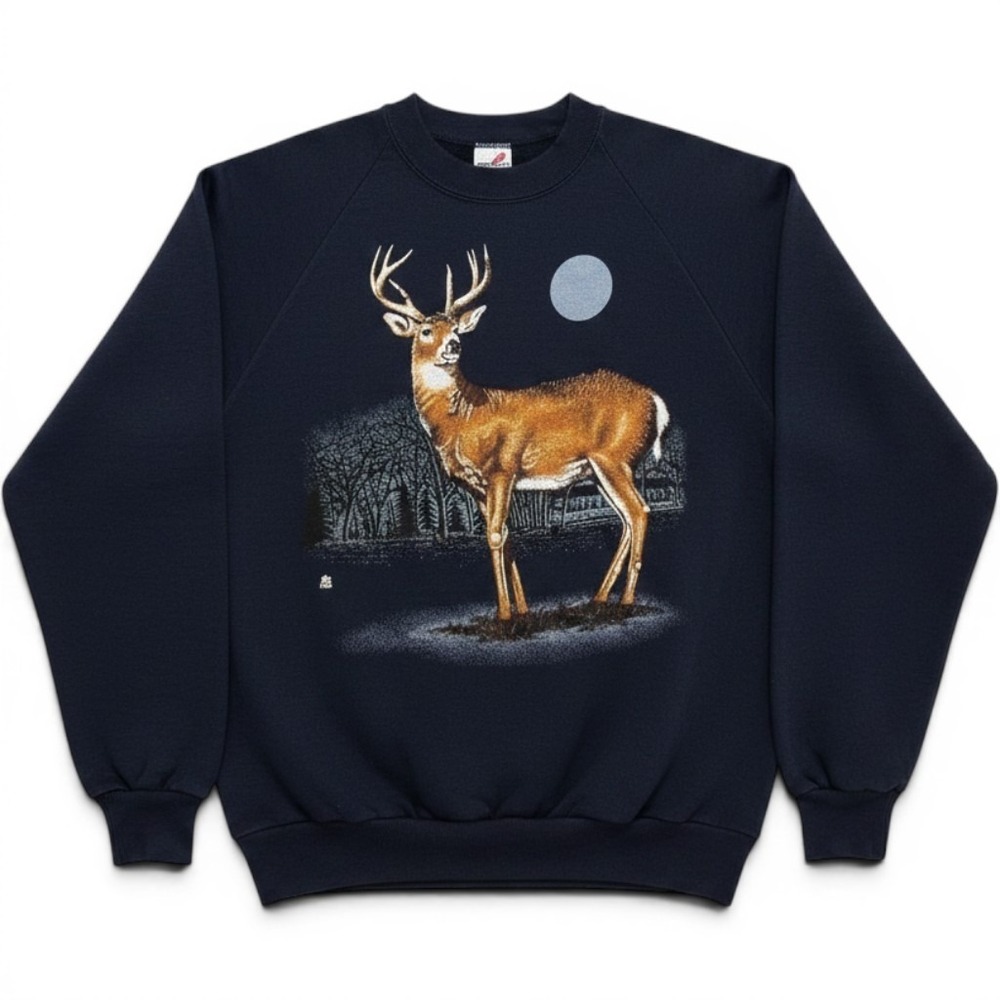 Vintage Jerzees Sweatshirt Mens Large Navy Blue Deer Buck Moon Graphic Made USA